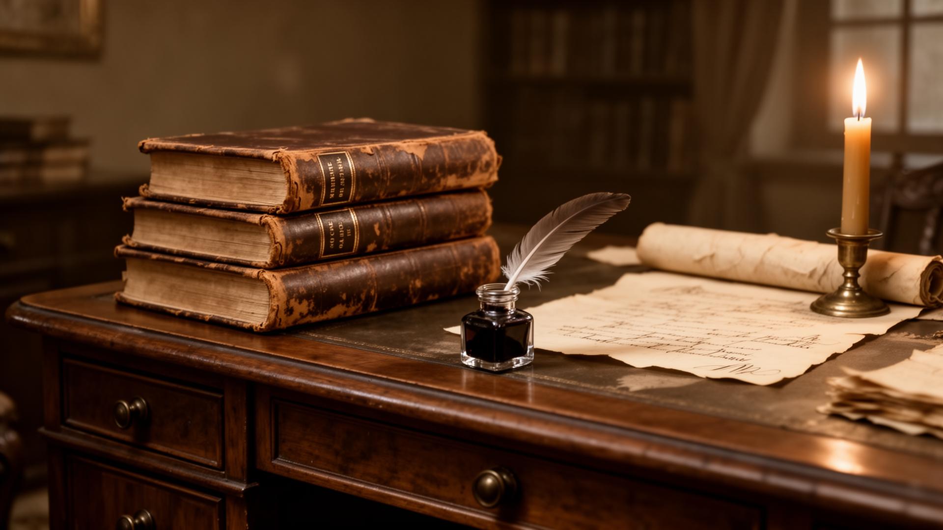 Alte Bücher und Manuskripte auf einem historischen Schreibtisch