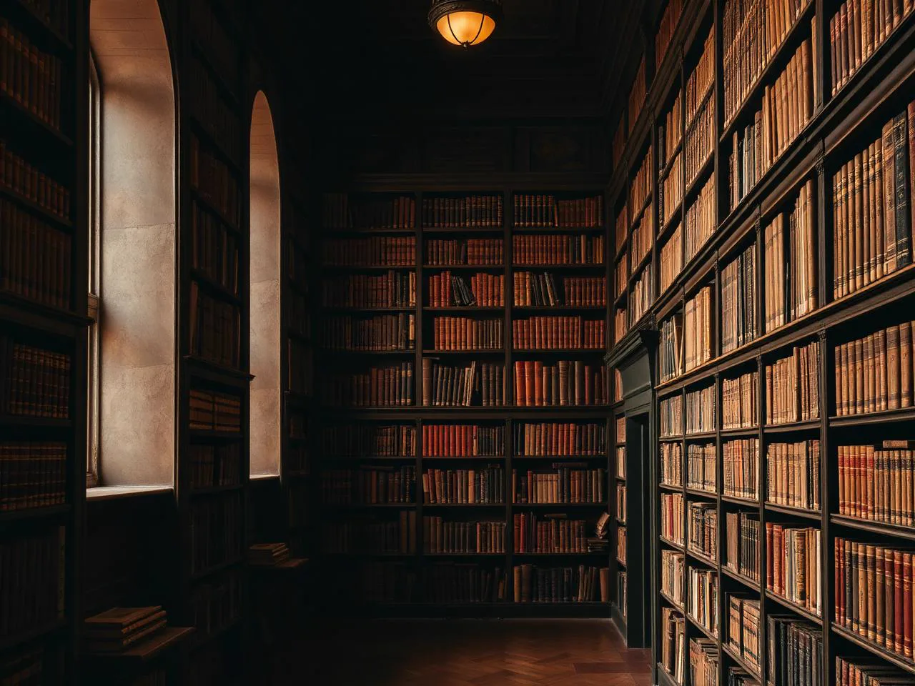 Stilisiertes Motiv einer alten Bibliothek mit Bücherregalen.