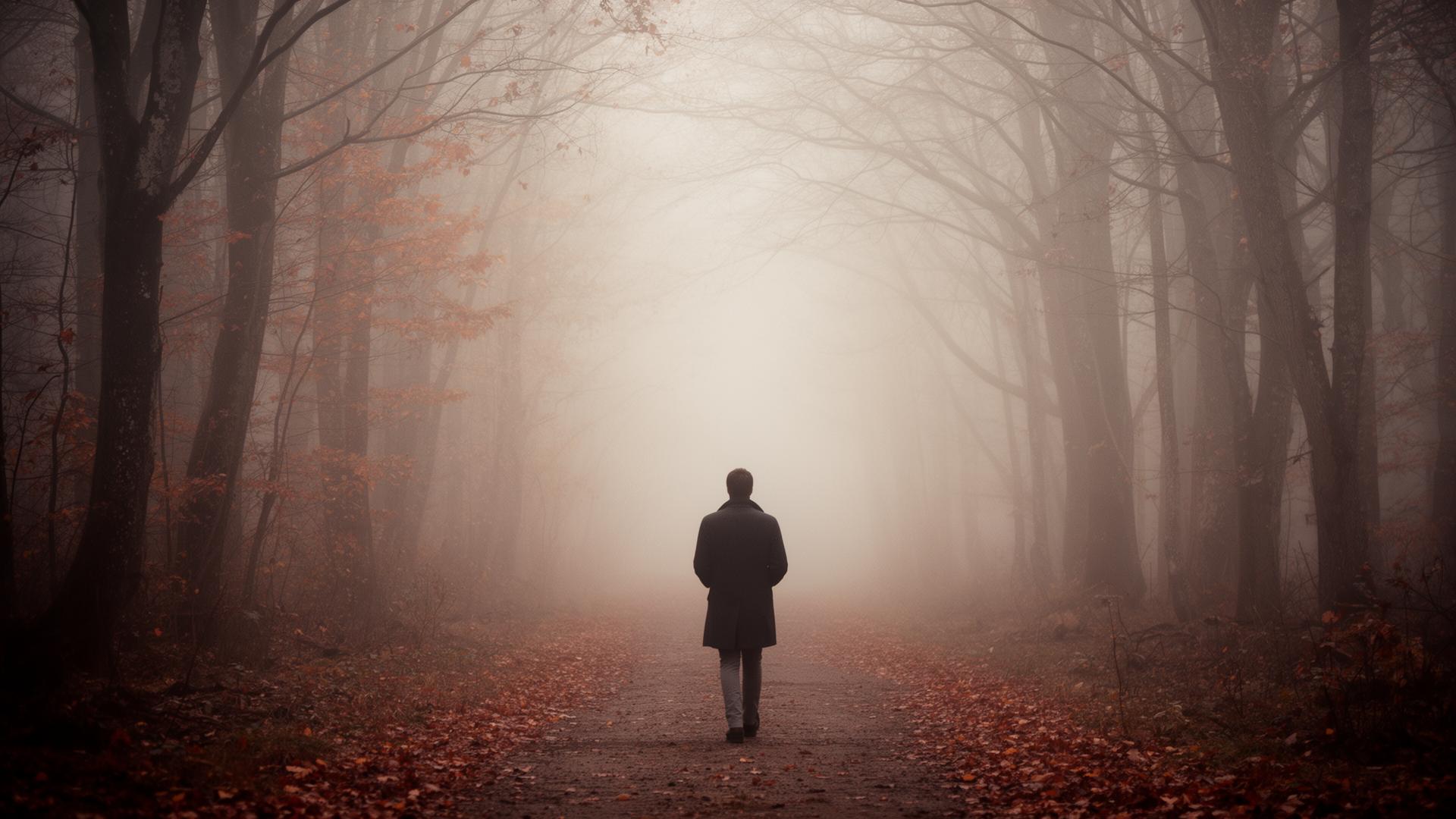 Einsame Gestalt auf einem nebligen Waldweg – Sinnbild für Einsamkeit und Kontemplation
