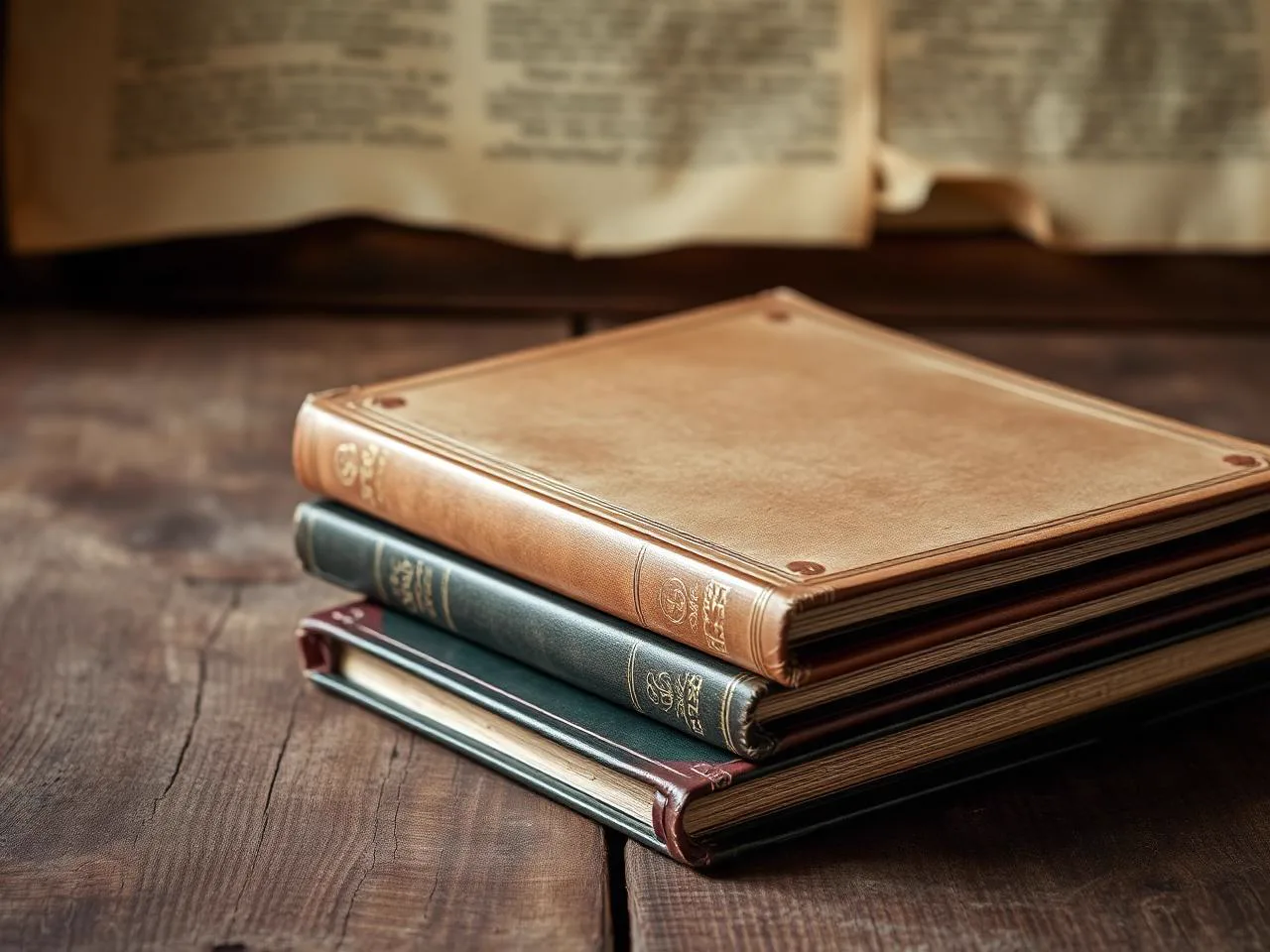 Stilisierter Stapel alter Bücher mit Lederrücken.